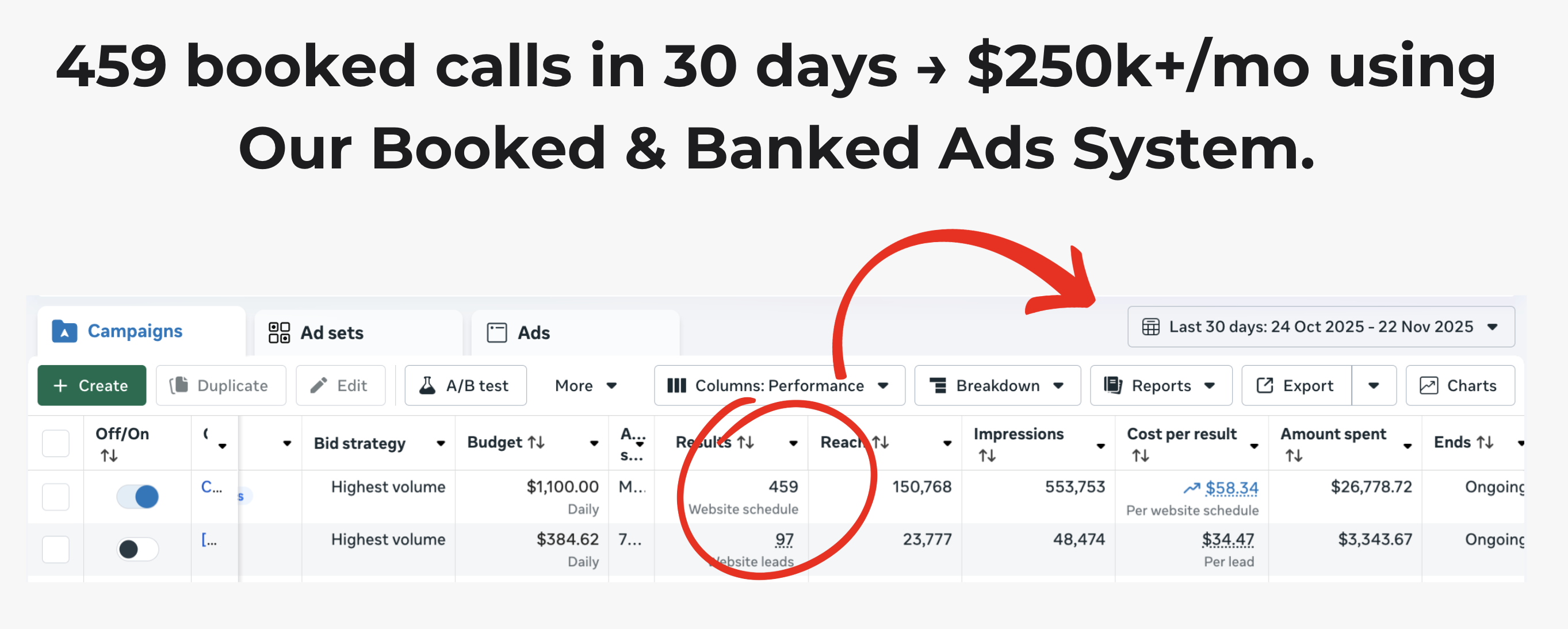 459 booked calls in 30 days — real client result